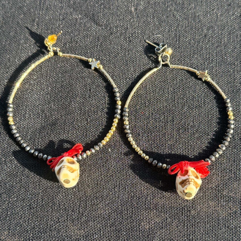 Gold and Black Beaded Hoop Earrings with Red Accents